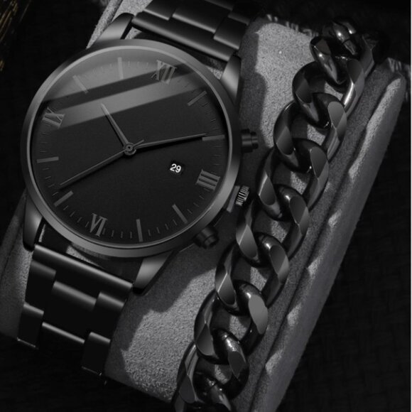 Other - 2pcs/set Fashionable Business Style Stainless Steel Quartz Watch With Bracelet